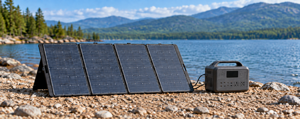 Portable solar panels connected to a power station on a rocky lakeshore, with forested mountains in the background.