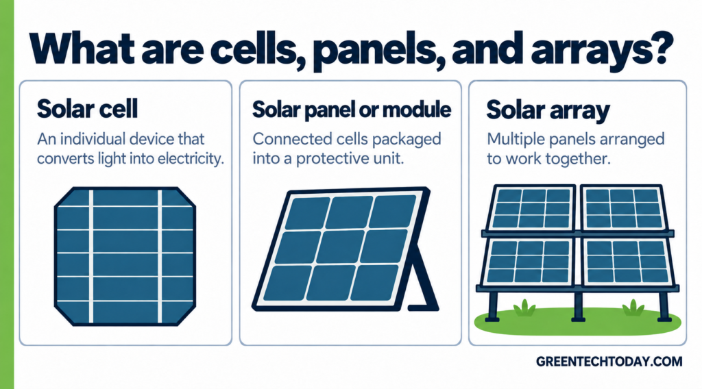 The difference between solar cells, solar panels, and solar arrays